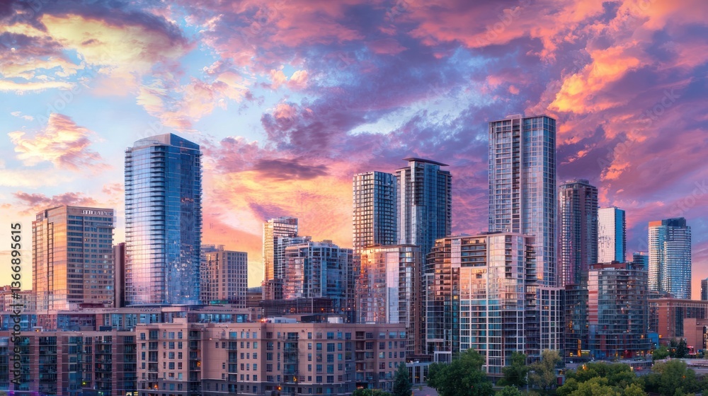 Fototapeta premium Modern urban skyline with high-rise buildings at sunset.