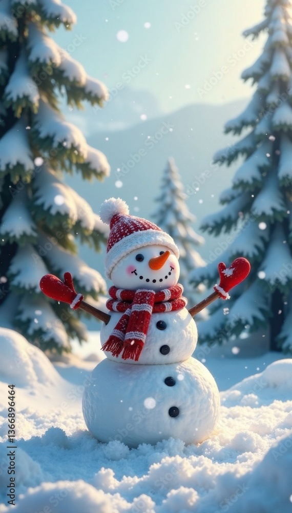 Fototapeta premium Whimsical snowman in serene winter landscape with frosty trees and soft snowfall, peaceful atmosphere, frosty landscape, snow covered trees