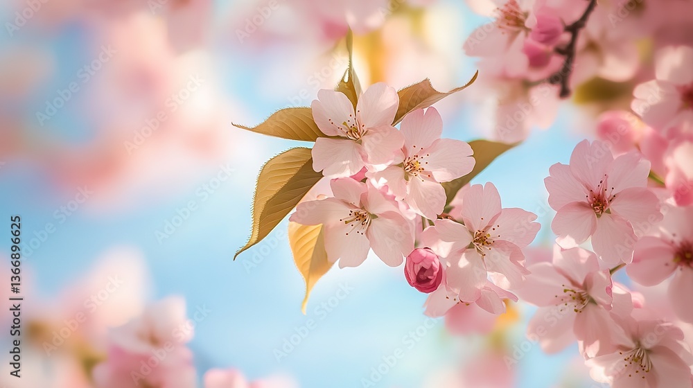 Obraz premium Pink cherry blossoms in full bloom under clear blue sky, with close - up of delicate petals and vibrant colors, creating an elegant and serene atmosphere.