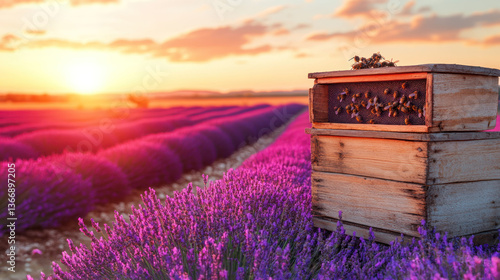 Tranquil Lavender Field with Beehive at Sunset in Vibrant Colors