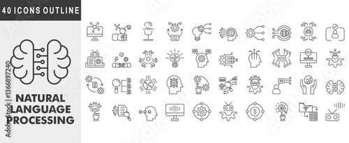 natural language processing icon set collection. Covers computer science, information retrieval, speech recognition, natural language processing, technology. Simple vector outline illustration.