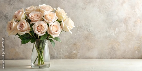 A delicate bouquet of creamy roses arranged in a clear glass vase rests on a pristine white surface against a subtly textured backdrop.