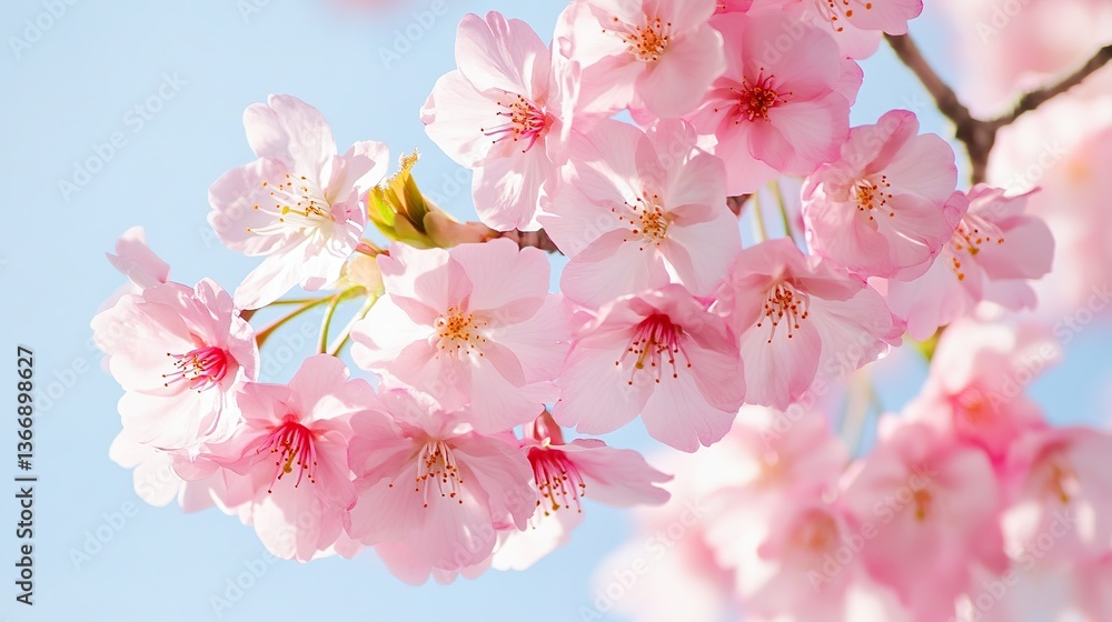 Naklejka premium Pink cherry blossoms in full bloom under clear blue sky, with close - up of delicate petals and vibrant colors, creating an elegant and serene atmosphere.