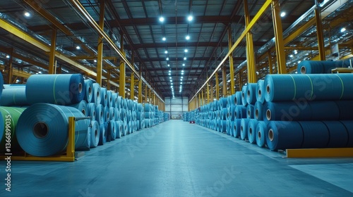 Wallpaper Mural Neatly wrapped rolls of denim fabric displayed on towering metal racks in a large textile storage space. Torontodigital.ca