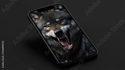 Smartphone displaying wolf, dark background, product display