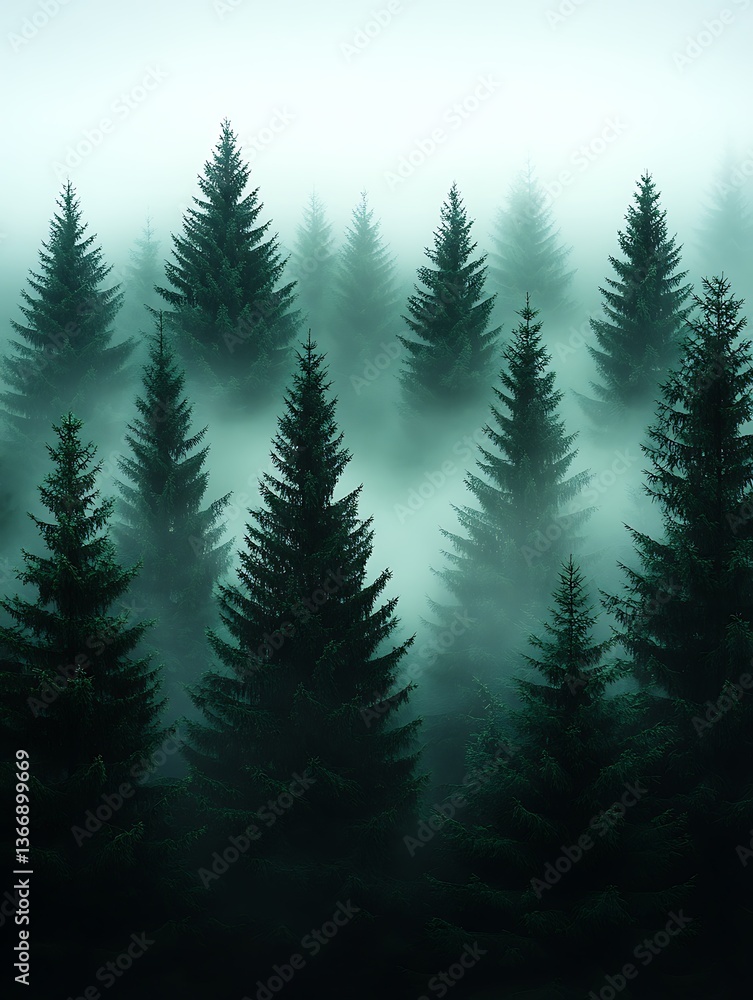 Misty evergreen forest, aerial view. Misty evergreen forest, aerial view.