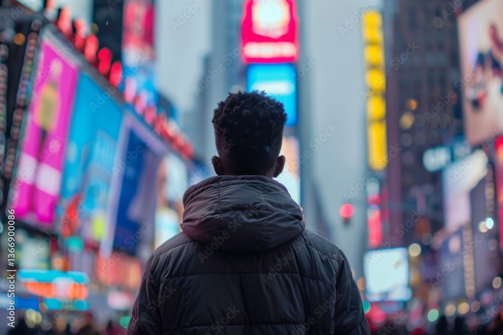 Young black man facing away from camera in blurred times square Young black man facing away from camera in blurred times square