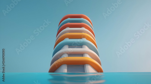 Pastel-Colored Modern Building Partially Submerged in Blue Water