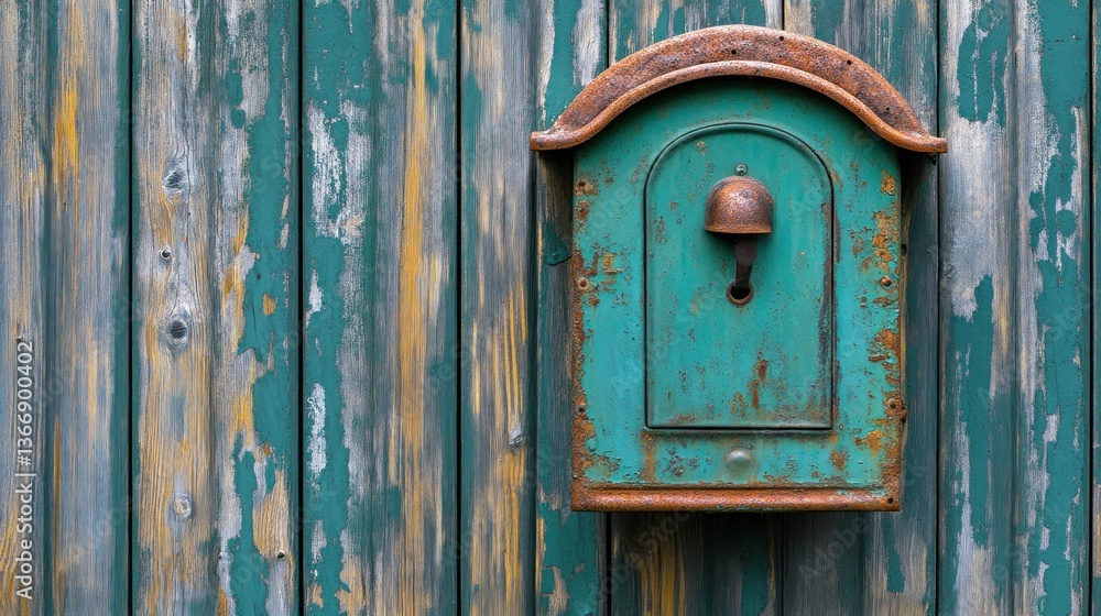 Rusty teal mailbox on weathered wooden fence Rusty teal mailbox on weathered wooden fence