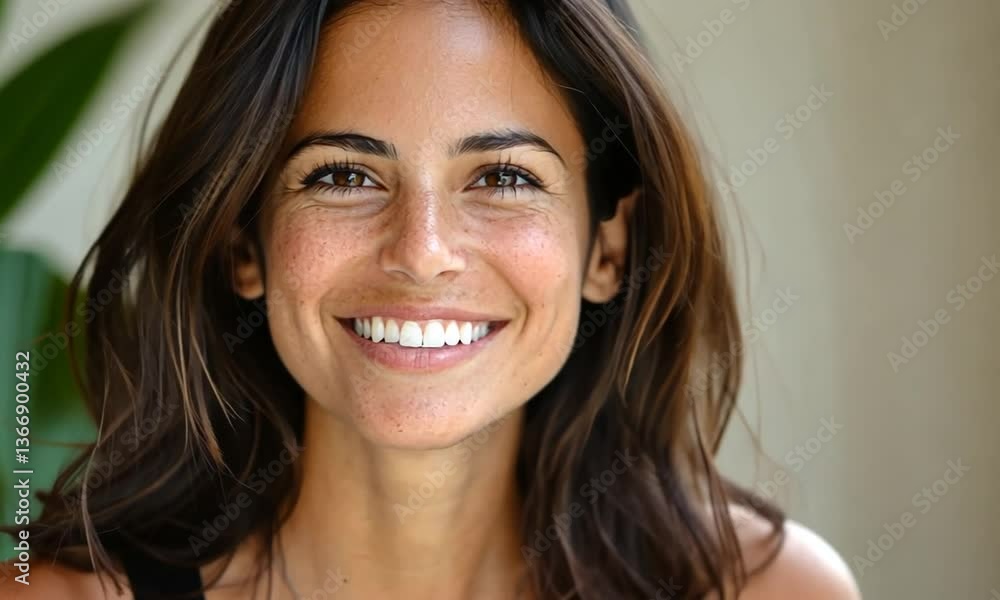 Smiling woman with long brown hair in a bright indoor setting, surrounded by green plants Smiling woman with long brown hair in a bright indoor setting, surrounded by green plants