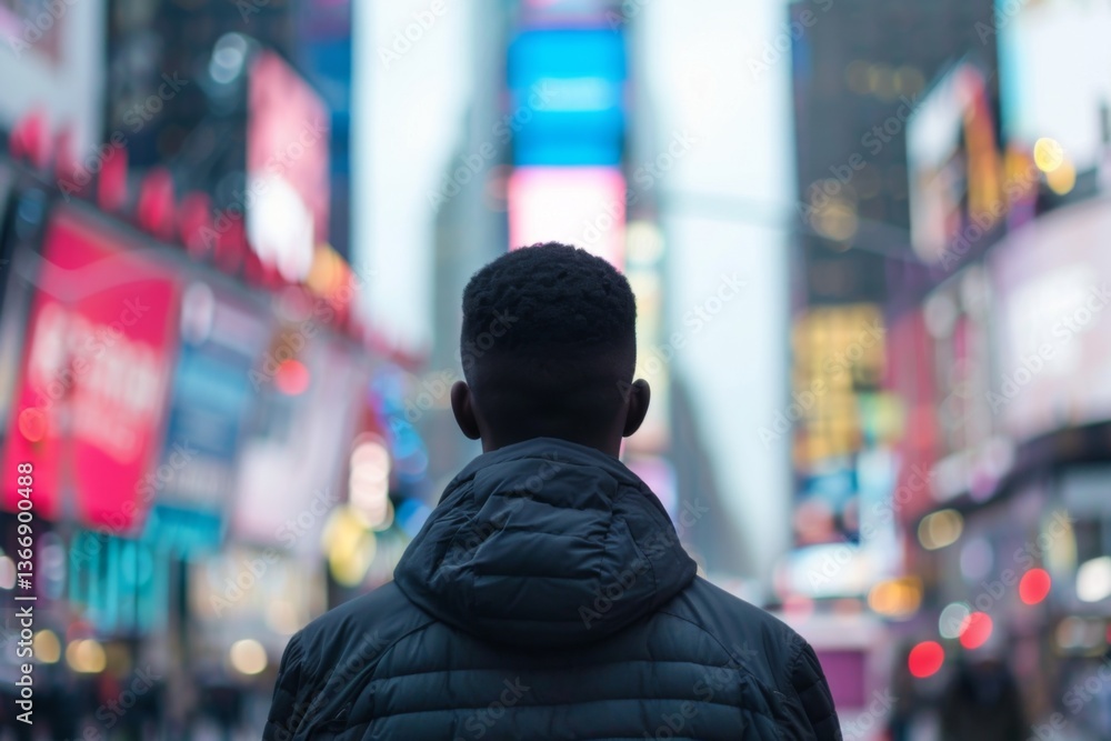 Young black man facing away from camera in blurred times square Young black man facing away from camera in blurred times square