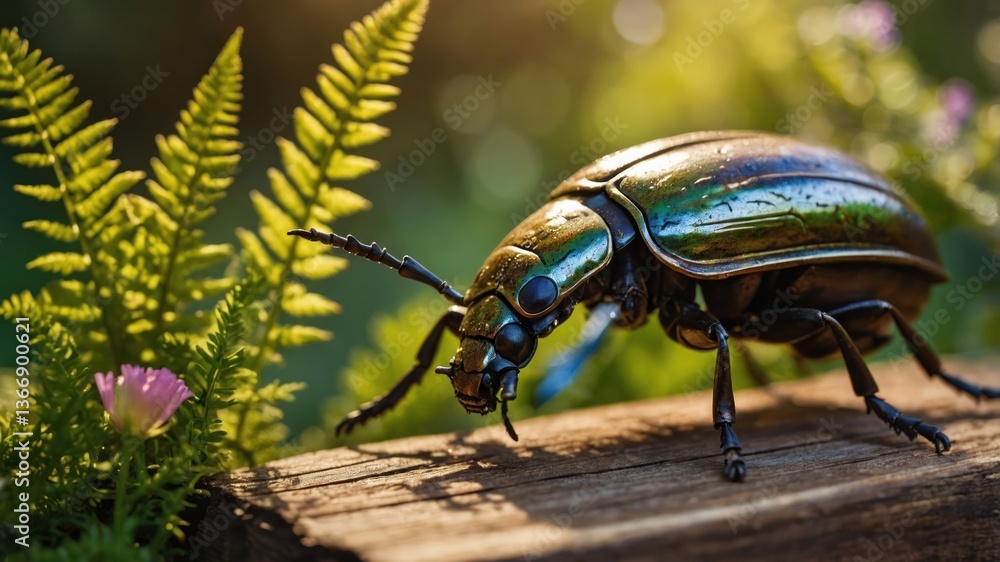 Fototapeta premium Close-up of shiny beetle crawling on wood in nature setting