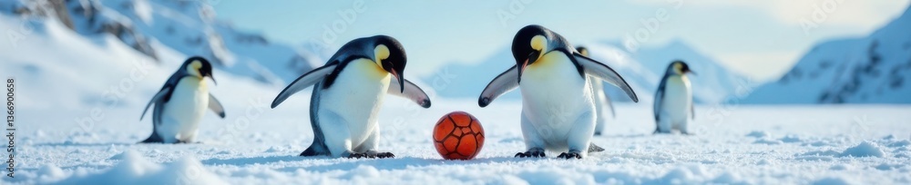 Fototapeta premium A group of penguins playing with a ball in the snow, winter sports, animal friends