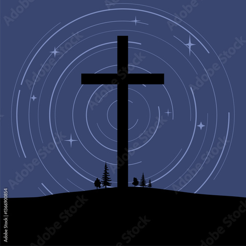 Christian cross against night sky background. Religion concept.