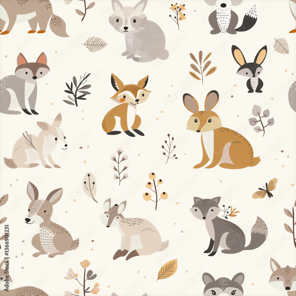 Minimal Scandinavian Woodland Animal Seamless Pattern – Neutral Tones and Forest Elements Minimal Scandinavian Woodland Animal Seamless Pattern – Neutral Tones and Forest Elements