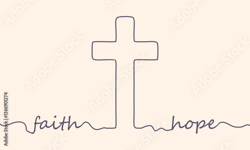 Cross and faith, hope words in thin lines style.