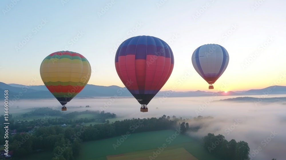 Obraz premium Colorful Hot Air Balloons Over Misty Sunrise Landscape