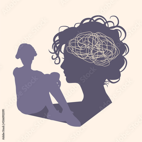 Metaphor bipolar disorder mind mental. Split personality. Concept mood disorder. Psychology and mental health. Dual personality concept. Person casting shadow of head with tangled brains