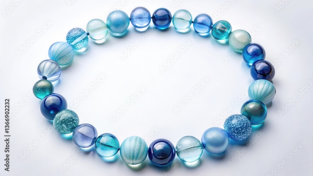 Obraz premium A Circular Arrangement of Varied Blue Glass Beads on a White Background, Showcasing a Spectrum of Hues and Textures, Perfect for Decorative or Design Purposes