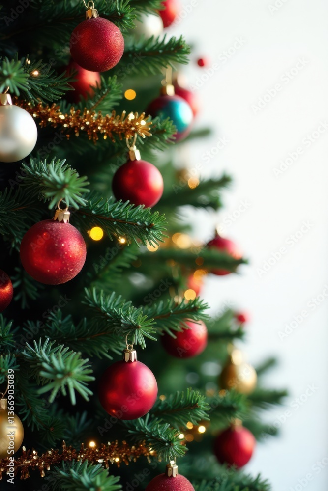 Fototapeta premium Christmas Tree with Colorful Ornaments and Tinsel, tree, ornaments