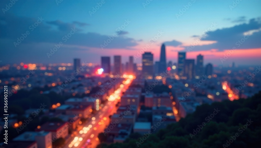 Fototapeta premium cityscape at dusk blurred lights abstract circular bokeh on blue background, urban landscape, cityscape, bokeh