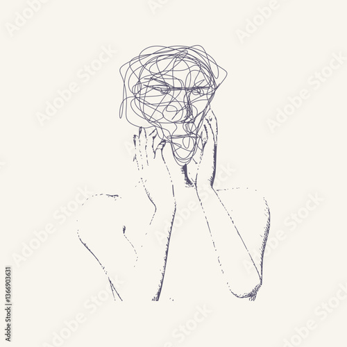 Psychotherapy, stress and psychosis. A human head with a tangled ball of nerves, scribbles symbolizing a depressed state of a person. Psychological help and mental health. Personality disorder