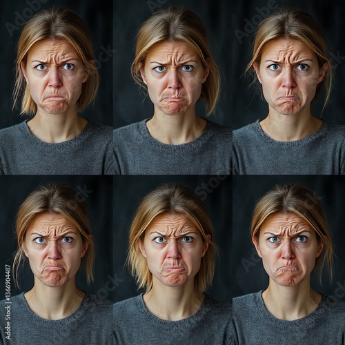 40-year-old Caucasian women showing anger in a grid formation

