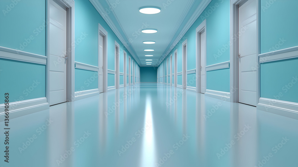 Fototapeta premium Minimalist Teal Hospital Hallway Interior