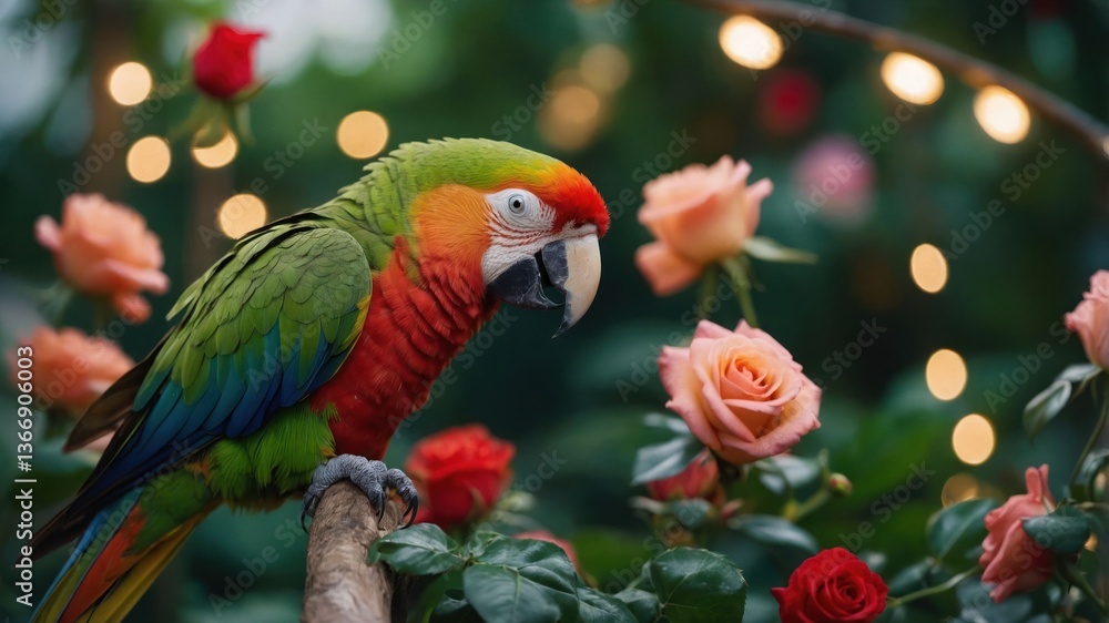 Obraz premium Colorful Parrot Perched Among Roses with Warm Bokeh Lights Background