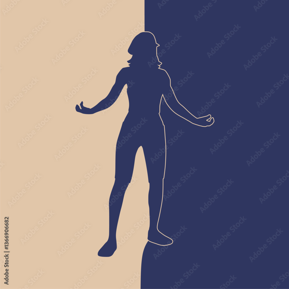 Fototapeta premium Young woman silhouette. Background divided into two halves. Day and night