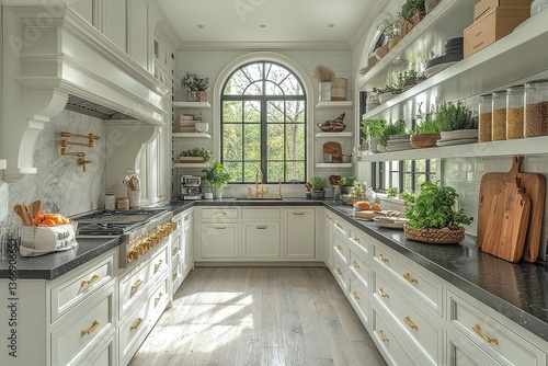  Luxury butler s kitchen with white cabinets  black quartz countertop  gold foil accents  and open shelving  filled with morning light.