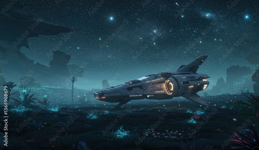 Obraz premium Spaceship rests in alien landscape under night sky full of stars, showcasing cosmic exploration and futuristic themes.