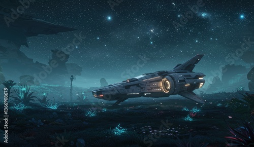 Wallpaper Mural Spaceship rests in alien landscape under night sky full of stars, showcasing cosmic exploration and futuristic themes. Torontodigital.ca