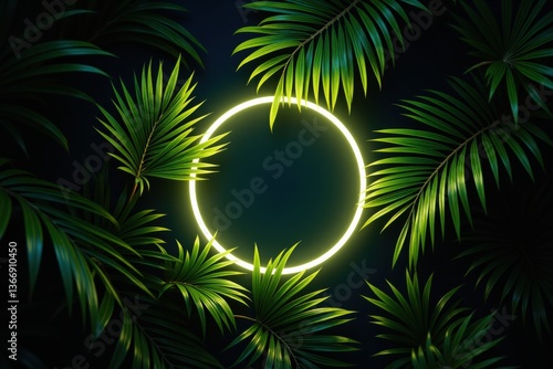 Lush tropical foliage at night with glowing neon ring centerpiece casting soft light on vibrant green palm leaves, creating an ethereal, moody jungle atmosphere for modern design