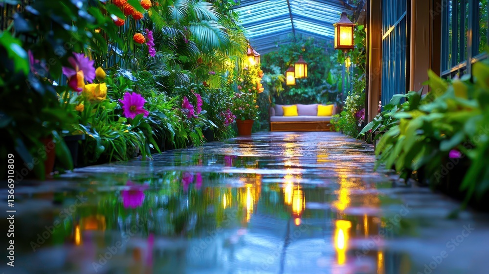 Naklejka premium Rainy Night Garden Path, Lush Flowers, Lights - Nature Photography:.