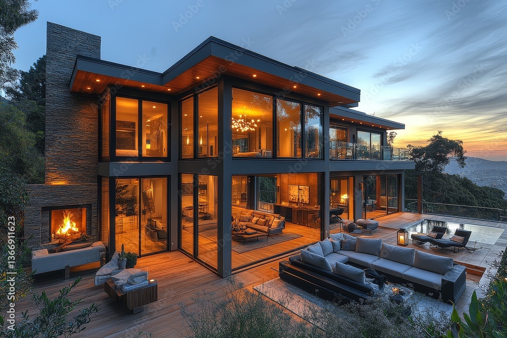 Fototapeta premium Stunning sunset view from a contemporary mountain home with floor-to-ceiling windows, modern furniture, and wood accents overlooking San Francisco Bay.