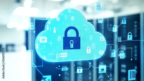 Data privacy engineer developing secure encryption systems for cloud storage, digital office with encryption software and server racks, Digital-tech style