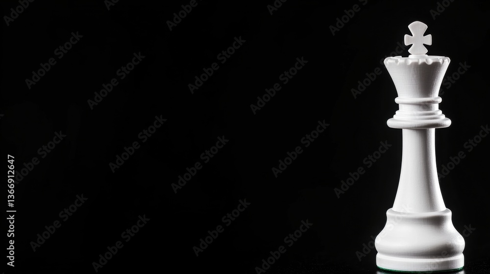 A white chess king piece dominates the foreground, showcasing its detailed crown and polished finish against a deep black backdrop A white chess king piece dominates the foreground, showcasing its detailed crown and polished finish against a deep black backdrop
