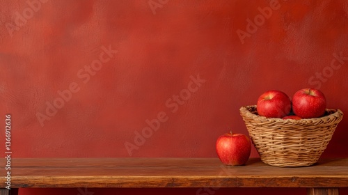 Wallpaper Mural Vintage Style Apple Basket on Wooden Bench with Rustic Red Background Torontodigital.ca