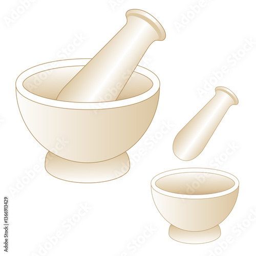 White ceramic mortar and pestle, three views, combined and separate. To grind, blend, crush, pound, and pulverize herbs and spices. Also as a pharmacy, apothecary or medical prescription symbol.