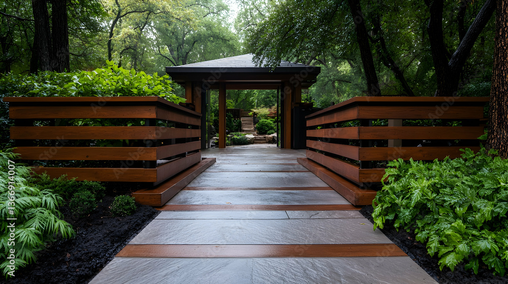 Modern Wooden Gate Opens to Lush Green Garden Path Modern Wooden Gate Opens to Lush Green Garden Path