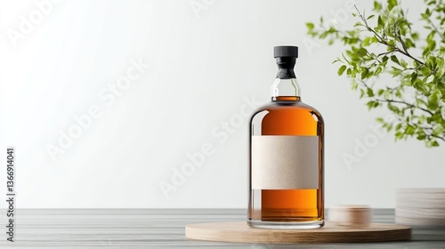 Amber liquid in a clear glass bottle.  Empty label