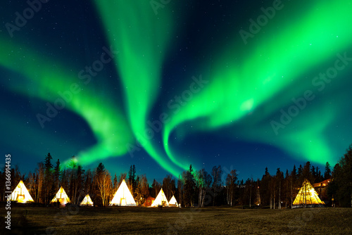 The breathtaking aurora borealis dances across the night sky in Yellowknife, Northwest Territories, Canada, with vibrant green and purple lights illuminating the snow-covered landscape