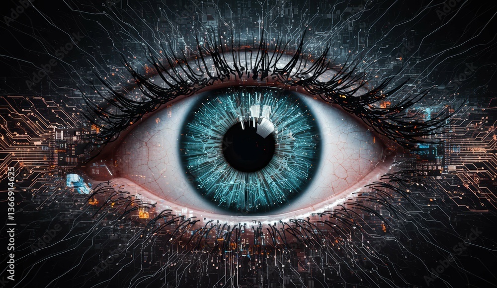 Obraz premium Close-up of a blue eye with digital circuit design. Emphasizes technology, innovation, and artificial intelligence.