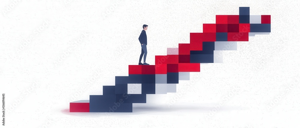 Fototapeta premium A man stands on a colorful staircase made of blocks, symbolizing growth and progress in a minimalist design.