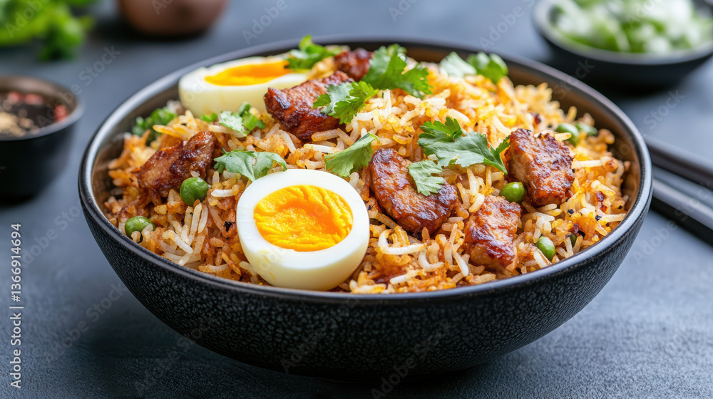 delicious bowl of biryani featuring tender meat, fragrant rice, and garnished with boiled eggs delicious bowl of biryani featuring tender meat, fragrant rice, and garnished with boiled eggs