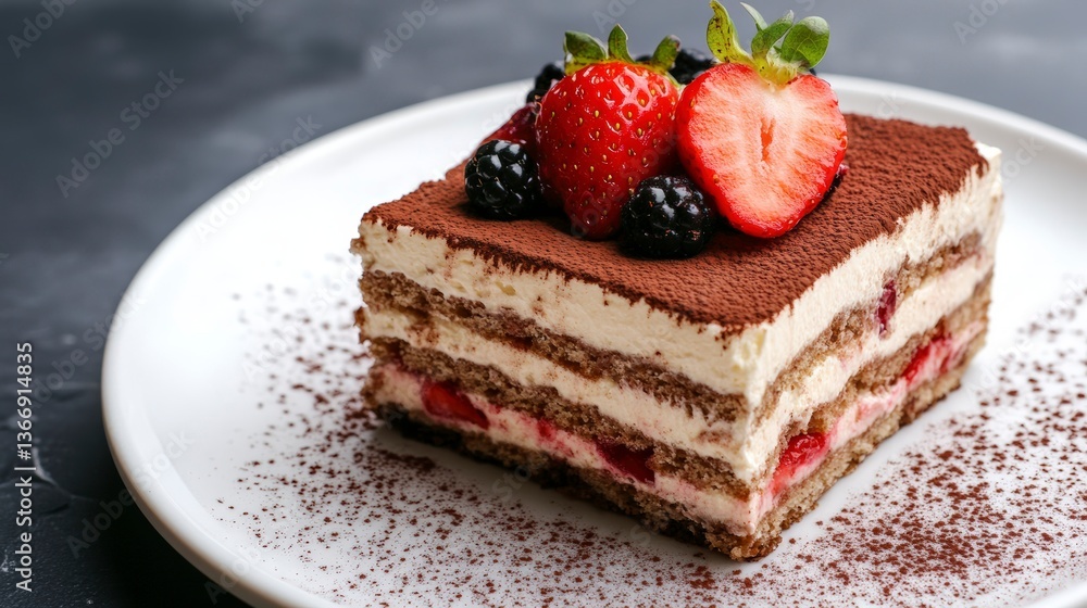 Delicious Strawberry Tiramisu Slice with Creamy Mascarpone and Fresh Berries on a Plate Delicious Strawberry Tiramisu Slice with Creamy Mascarpone and Fresh Berries on a Plate