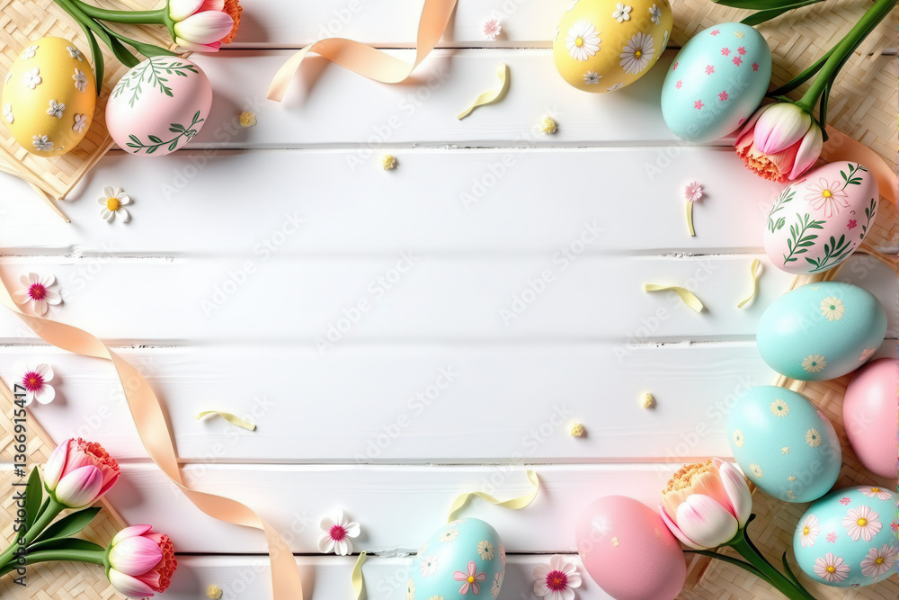 Obraz premium Beautifully decorated pastel Easter eggs with delicate floral patterns arranged on a white wooden background