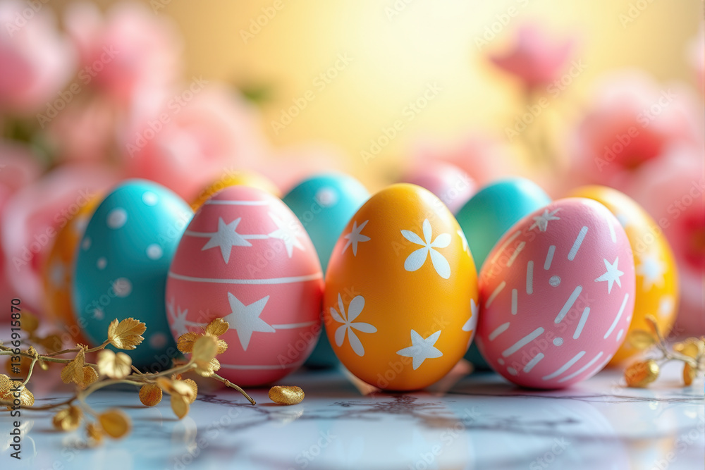 Colorful Easter Eggs with Creative Patterns on Marble Background Colorful Easter Eggs with Creative Patterns on Marble Background
