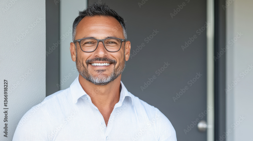 Obraz premium Confident man smiling, wearing glasses, standing near door, showcasing professional appearance
